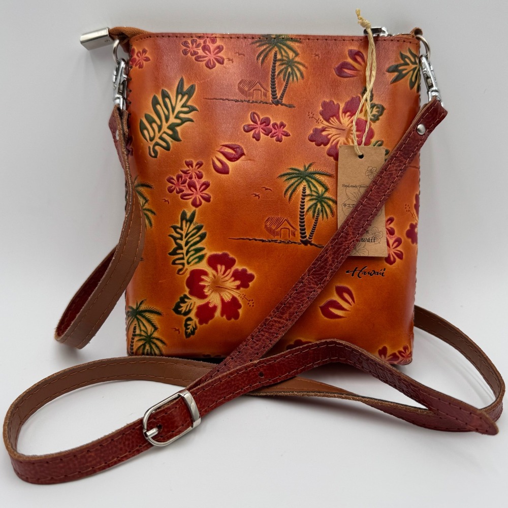 Aloha From Hawaii Crossbody Bag Hand Made Leather Tropical Floral Women Brown